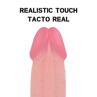 Ovanifrån av Silikon Dildo - Rockarmy 19 cm i rosa med tvåspråkig text "Realistic Touch, Tacto Real" ovanför.