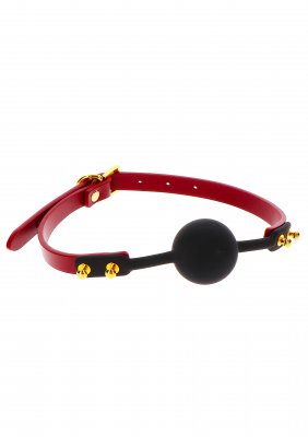 TabooM Silikon Gag - Bondage har en röd rem med en svart gag, guldaccenter och ett spänne, vilket ger en spännande blandning av elegans och kant för dem som dras till dess lockelse.
