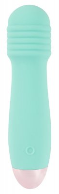 Cuties Mini Wand - 12 cm är en mintgrön personlig massageapparat i silikon med åsar, minivibratorfunktionalitet och en rundad rosa spets. Den är vattentät för mångsidig användning.