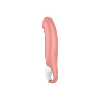 Satisfyer Vibes - Dildo 22 cm är en elegant rosa och vit personlig vårdenhet gjord av slät silikon, med en böjd design och flera vibrationslägen, utställd mot en orörd vit bakgrund.