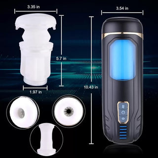 Sinloli APP Controlled Male Masturbator är en svart och blå cylindrisk enhet, 10,43 tum hög och 3,54 tum bred, med en vit insida och realistisk TPE-hylsa med vibrationssugande lägen. Den är inställd mot en digital abstrakt bakgrund.