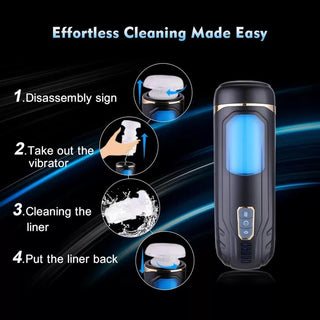 En instruktionsbild visar hur du rengör din Sinloli APP Controlled Male Masturbator. Texten lyder: "Besvärlig rengöring gjort lätt." Steg: 1. Demontera, 2. Ta bort vibrationssugande lägen-modul, 3. Rengör fodret, 4. Sätt tillbaka TPE-hylsan i din svarta enhet med blå accenter.