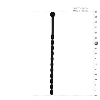 Räfflad Silikondilator är en svart pärlstav med mätmärken, med dimensioner på 16 cm i längd och en maxdiameter på 0,6 cm, tillverkad av kroppssäkert silikon för en säker och hållbar upplevelse.
