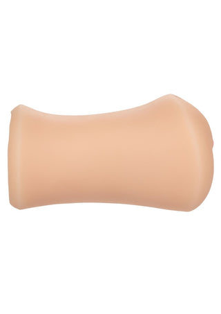 En mjuk, cylindrisk Calexotics Stroke It i beige med rundade kanter mot en vit bakgrund.