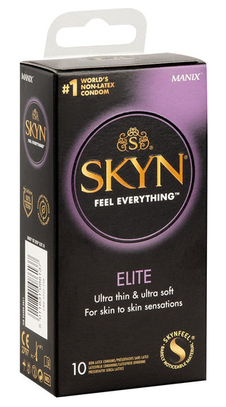Box med Skyn Elite Ultra Tunna, latexfria kondomer gjorda av mjuk polyisopren, med en bekväm hängande flik.