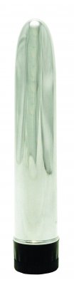 Slim-Line Vibrator Silver, med en elegant, metallisk cylindrisk design med en svart bas, står elegant upprätt mot en vit bakgrund.