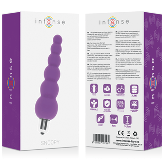 Snoopy 7-Speed Analvibrator är en personlig massageapparat med lila pärlor i elegant förpackning, med avancerade funktioner på baksidan.