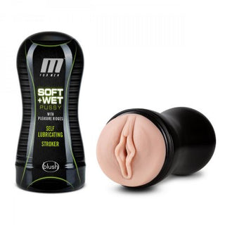 Självsmörjande Soft + Wet Pussy Lösvagina, tillgänglig i svart och köttfärger, har en texturerad exteriör och en öppen ände.