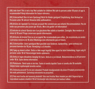 Varningsetikett, ofta en tankeväckande present, som ingår i Stressboll - XXL Bröst, avråder från försäljning till personer under 18 år och finns på flera språk.