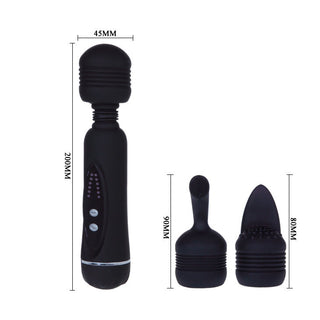 Power Wand Flirtation Magic Wand är en lyxig svart massageapparat med löstagbara huvuden, som mäter 200 mm i längd och 45 mm i bredd. Den innehåller två extra huvudalternativ för förbättrade vibrationer, vilket ger precision och mångsidighet vid varje användning.