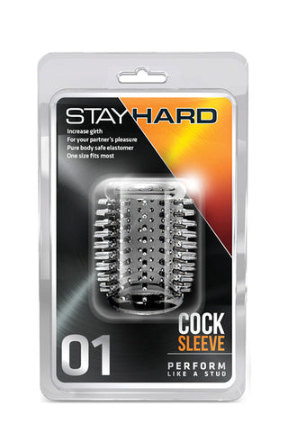 Stay Hard 01 - Penis Sleeve/Ring-förpackning betonar intim användning med TPE-material för komfort, med ett texturerat Cock Sleeve 01-alternativ för en skräddarsydd upplevelse.