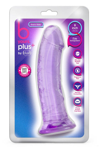 Roar N' Ride Dildos förpackning visar upp sin transparenta lila färg, realistiska struktur med en sugkoppsbas, 8-tums storlek, ultramjuk känsla, doftfria kvalitet och kroppssäkra material.