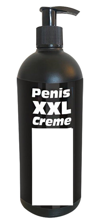 En svart flaska med en pump märkt "Penis XXL Creme" i fet vit text påstår sig förbättra erektionen genom ökat blodflöde.