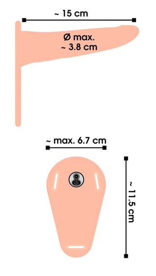 En illustration visar upp Vibrerande Strap-On - Till Henne, en persikofärgad, uppladdningsbar enhet gjord av silikonmaterial med dimensionerna 15cm, 3,8cm, 6,7cm och 11,5cm.