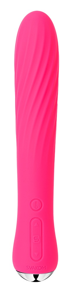 Svakom Anya Värmande Vibrator, i rosa med räfflad design, har en cylindrisk form och en bekväm kontrollknapp vid basen för en unik upplevelse.