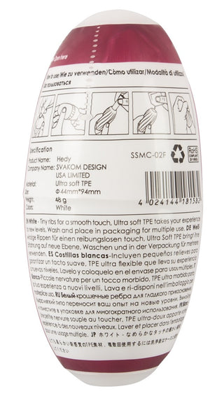 Upptäck Svakom Hedy, en innovativ produkt med äggformad förpackning som innehåller flerspråkiga instruktioner och specifikationer för en global tillfredsställande upplevelse.