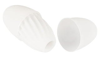 Svakom Hedy består av två sammankopplade vita plastbitar med en strukturerad insida, som liknar en äggform när den är monterad.