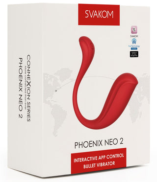 Phoenix Neo 2 från SVAKOM, en röd app-kontrollerad interaktiv sexleksak, levererar kraftfulla vibrationer och är inrymd i en vit låda.