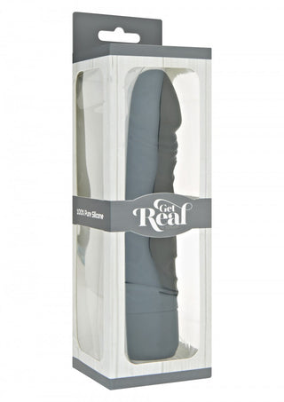 En grå silikonvibrator märkt Get Real 20 cm Vibratordildo, i klar förpackning, utlovar g-punkt-stimulans.
