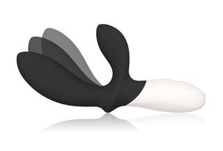 LELO Loki Wave 2 är en svart och vit personlig massageapparat i silikon med dubbla flexibla förlängningar och rörelseteknologi, inställd mot en vit bakgrund.