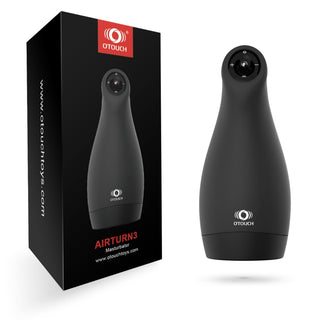 Airturn 3 - Automatisk Masturbator med sugfunktioner, vibrationer och strukturerad design är placerad bredvid sin låda på en vit bakgrund.