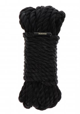 TabooM Bondage Rep 10m är ett lindat svart rep med en shibari-inspirerad design, med en liten etikett nära toppen.