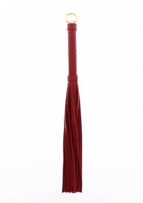 TabooM Flogger - Bondage har en röd läderdesign med flera remsor och ett guldringhandtag, perfekt för dem som utforskar bondageprodukter.