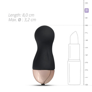 Teazers vibrerande ägg med fjärrkontroll, i svart och guld, visas bredvid en läppstiftsteckning och linjal för skala, som påminner om den eleganta designen hos en silikon sexleksak.