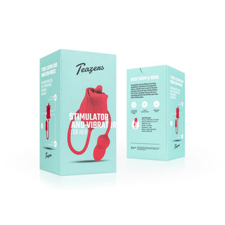 Bilden visar två kricka lådor av "Teazers Rose." Framsidan har en levande produktbild och sidan framhäver dess laddningsbara kapacitet. Det röda och rosa färgschemat ger en lockande touch.