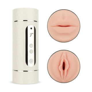 Teazers Electric Masturbator Double-sided är en cylindrisk enhet med vit textur med två läppliknande cirkulära insatser och en spännande form, med 12 vibrationslägen för olika känslor.