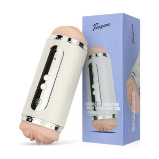 En cylindrisk vuxenleksak med knappar, bredvid sin förpackningslåda, som visar Teazers Electric Masturbator Dubbelsidig med 12 vibrationslägen.