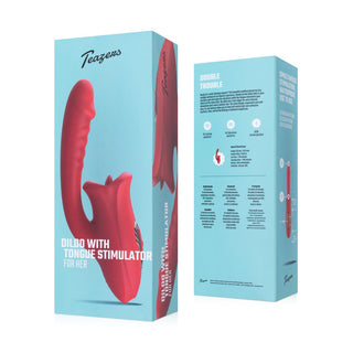 Förpackningen till Teazers Dildo med klitorisstimulator har dess namn, märket "Teazers" och detaljer om dess dubbla stimuleringsförmåga. Den ställs mot en vattenblå bakgrund med illustrationer och text som framhäver dess funktioner.