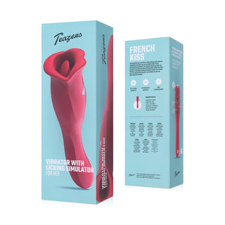 Teazers Vibrator med slickande klitorisstimulator kommer i rosa för G-punktstimulering och är förpackad i turkos, märkt som Teazers French Kiss.