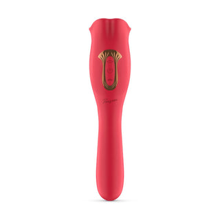 Teazers Vibrator med slickande klitorisstimulator är en handhållen enhet i rött och guld med en blomliknande topp och främre kontrollknappar, perfekt för G-punktstimulering.
