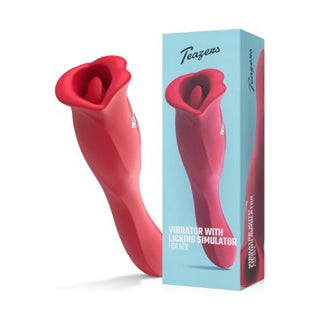 En röd blomformad vibrator vilar elegant bredvid en krickfärgad ask märkt "Teazers Vibrator with Licking Clitoris Stimulator", som kombinerar klitorisstimulator och G-punktstimulerande funktioner utsökt.