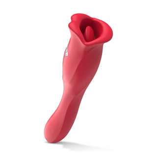 Den röda Teazers Vibrator, med en ergonomisk rosformad topp för ökad avkoppling och G-punktstimulering, är avbildad mot en vit bakgrund.