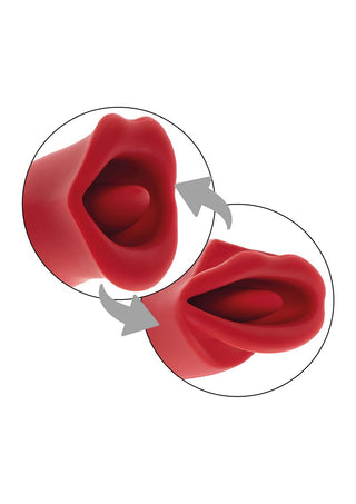 En röd silikon Toyjoy The Kisser visar upp flexibilitet i två vyer med markerade pilar i cirkulära ramar, som förenar elegans och innovation för ultimat njutning.