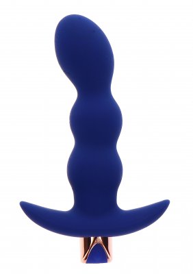 Risque Buttplug är en blå, texturerad silikonplugg med en utsvängd bas och guldfärgad spets, designad för personligt välbefinnande. Utforska dess mångsidighet bland andra sexleksaker i din samling.