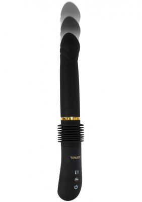 Toyjoy Thruster Sexmaskin är en premiumvibrator med svart massageapparat, räfflat grepp, guldaccent och handtag i munspelsstil. Intuitiva knappar förstärker dess tilltalande medan rörelseoskärpa framhäver dess dynamiska design.