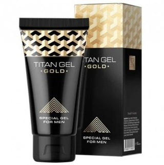 Den eleganta svarta och guldförpackningen av Titan Gel Gold 50ml, märkt som en Special Gel for Men, lovar att förbättra erektioner effektivt.