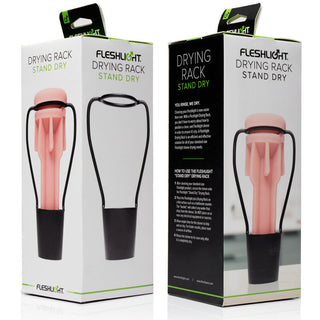 Förpackning av Fleshlight Torkställning, med en framträdande visning av produkten framtill och detaljerade monteringsanvisningar på sidan för bekvämlighet.