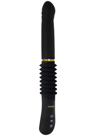 Toyjoy Thruster Sexmaskin är en svart premium vibrator med en räfflad sektion, gyllene accenter och kontrollknappar på handtaget med en harmonikastil-skaft-design för en elegant touch.