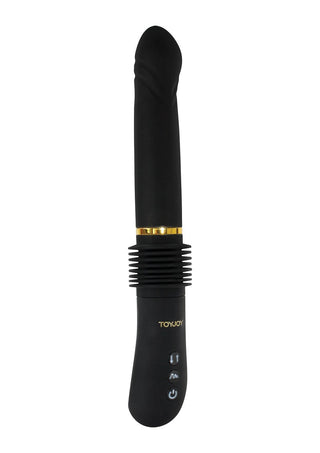 Toyjoy Thruster Sexmaskin är en svart vibrerande massageapparat med guldhöjdpunkter, med en elegant design och harmonikastil-skaft-knappkontroller för en förbättrad upplevelse.