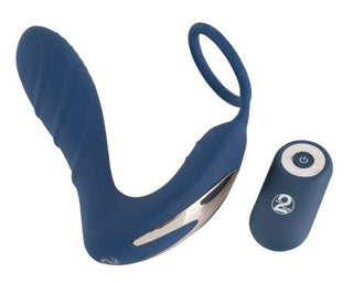 Prostata Vibrator Med Penisring - Fjärrkontroll: En blå vibrerande penisring med fjärrkontroll, med en böjd design och metalliska accenter.