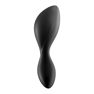 En elegant, svart abstrakt skulptur med mjuka kurvor och en vriden design, som påminner om de eleganta konturerna hos Satisfyer Trendsetter Appstyrd Buttplugg.