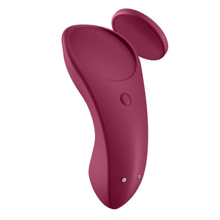Satisfyer Sexy Secret Trosvibrator är en lila handhållen enhet med ett runt, avtagbart lock, två knappar och en böjd design. Den integreras sömlöst för ökad njutning och erbjuder en elegant upplevelse som styrs via trådlös fjärrkontroll.