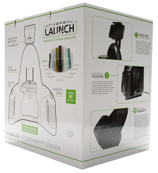 Fleshlight Universal Launch-förpackningen innehåller diagram och höjdpunkter såsom handsfree-drift, hastighetskontroll och en innovativ adapter för automatiserad stimulering.