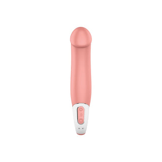 Satisfyer Vibes - Dildo 22 cm är en rosa G-Punktvibrator personlig massageapparat med en rundad spets och vit bas, tillverkad av slät silikon. Den innehåller intuitiva knappar för enkel kontroll av vibrationsinställningar på en skarp vit bakgrund.