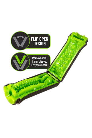 Den gröna och svarta M For Men Stroker, med en elegant flip-open design, erbjuder ett ergonomiskt grepp. Dess avtagbara, lättstädade innerhylsa framhäver bekvämlighet och prestanda, vilket gör den till den perfekta sexleksak.