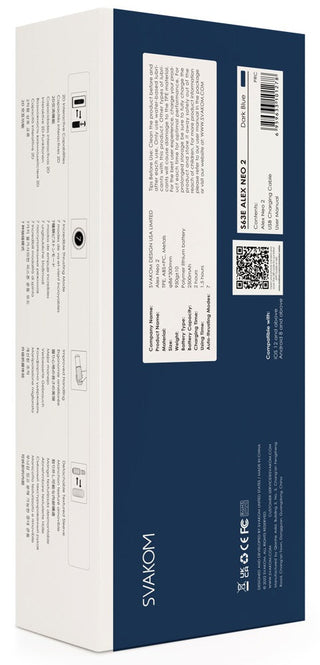 Sidovy av en Svakom Alex Neo 2-låda som framhäver avancerad teknik med detaljerad text, diagram, QR-kod och företagsinformation.